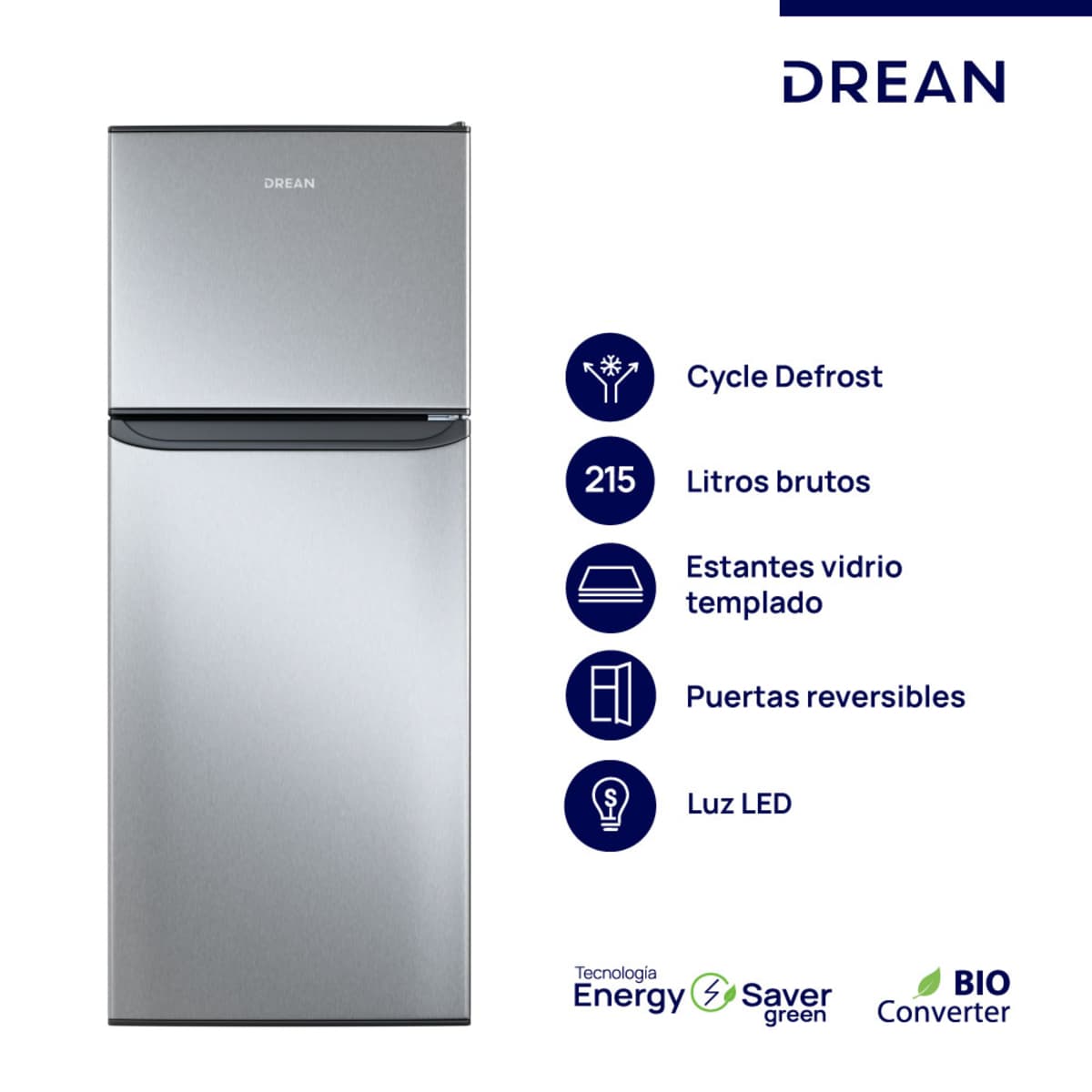 Heladera con freezer Cíclica 215L Inox. Drean